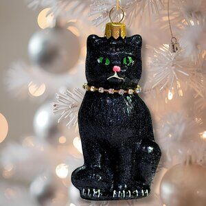 Black Glitter Cat Christmas Glass Ornament Sparkling Spooky Handmade Gothic